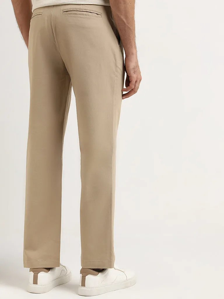 WES Casuals Beige Straight-Fit Mid-Rise Cotton Blend Chinos