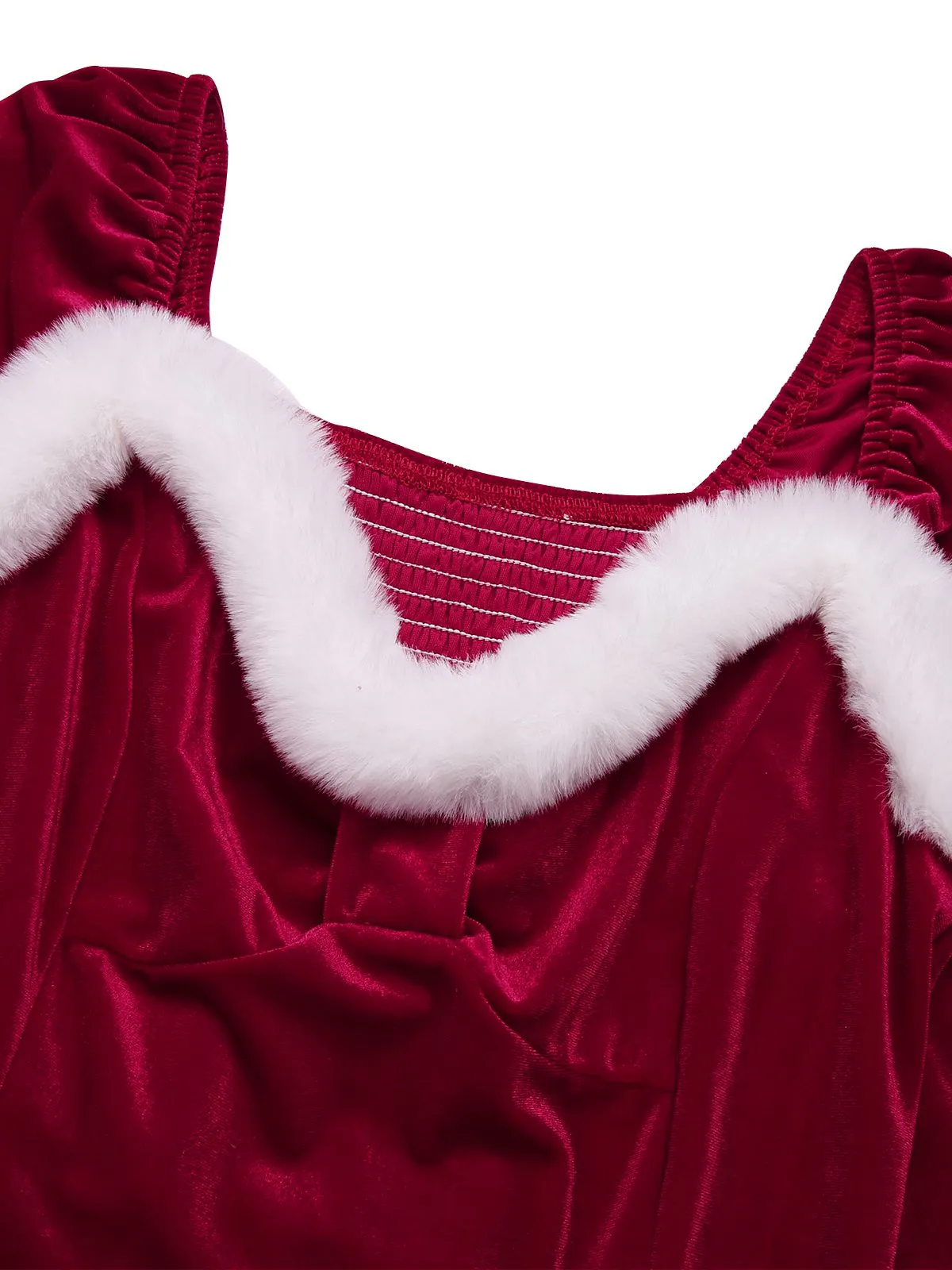 Wine Red 1940s Christmas Fur Collar Solid Dress