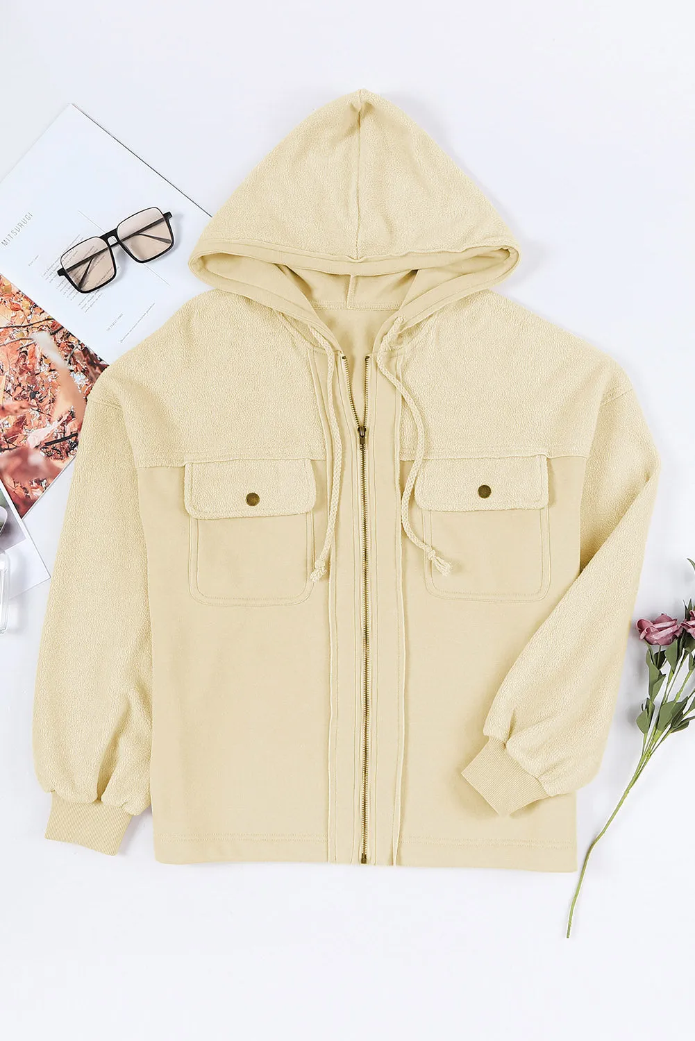 Women's Flap Pocket Drawstring Hooded Zip Up Jacket