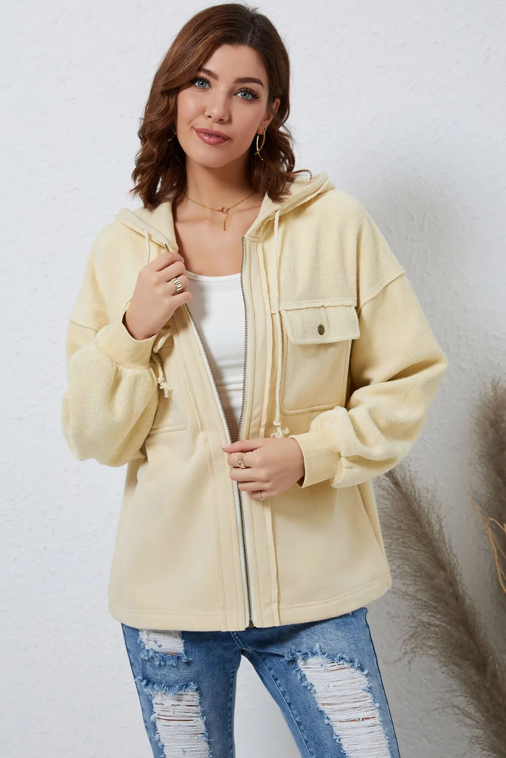 Women's Flap Pocket Drawstring Hooded Zip Up Jacket