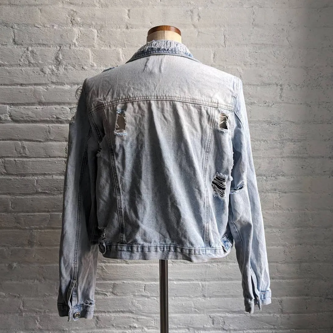 Y2K Distressed Biker Denim Jacket Grunge Acid Wash Coat Minimalist Jean Shacket