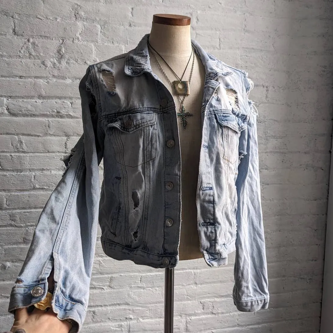 Y2K Distressed Biker Denim Jacket Grunge Acid Wash Coat Minimalist Jean Shacket