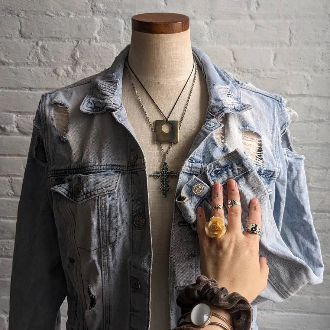 Y2K Distressed Biker Denim Jacket Grunge Acid Wash Coat Minimalist Jean Shacket