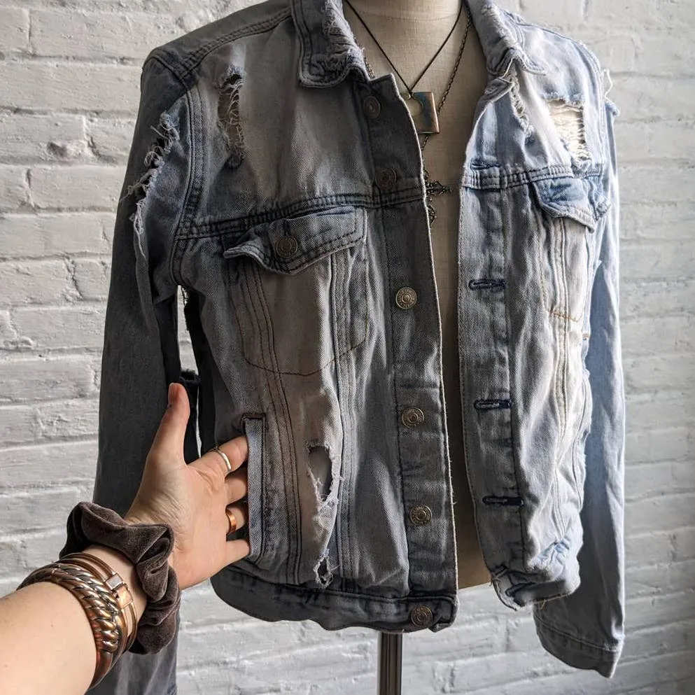 Y2K Distressed Biker Denim Jacket Grunge Acid Wash Coat Minimalist Jean Shacket