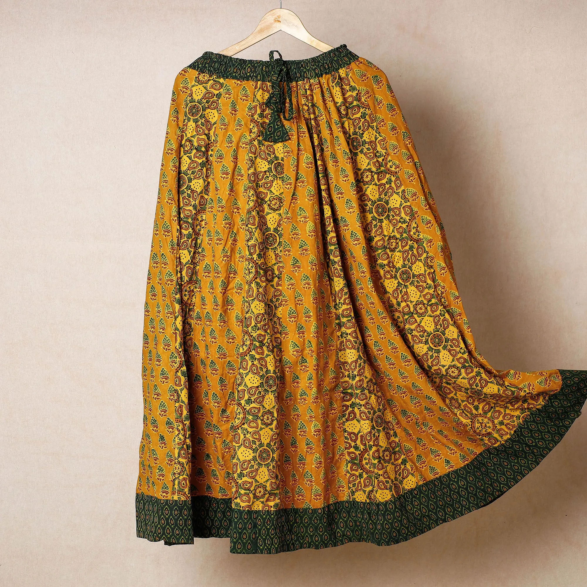 Yellow - 24 Kali Ajrakh Block Printed Patchwork Cotton Long Skirt