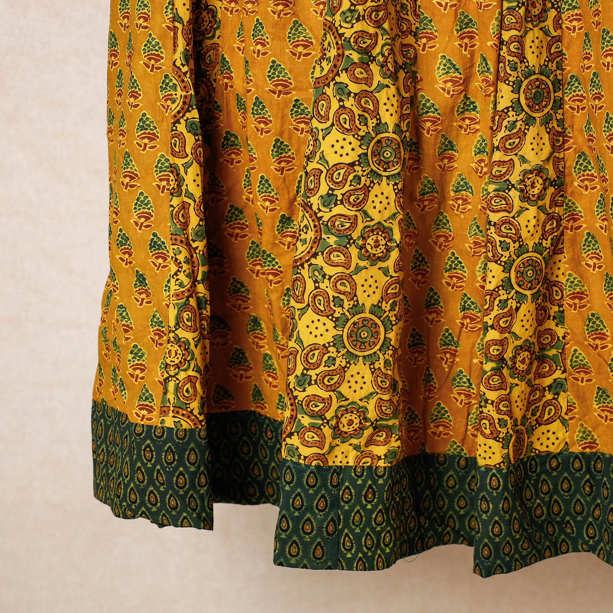 Yellow - 24 Kali Ajrakh Block Printed Patchwork Cotton Long Skirt